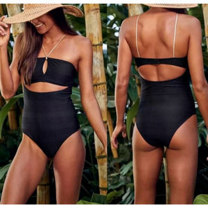 AERIE One Piece Bathing Suit Black Cut Out Triangle Top Gold Straps Womens Large